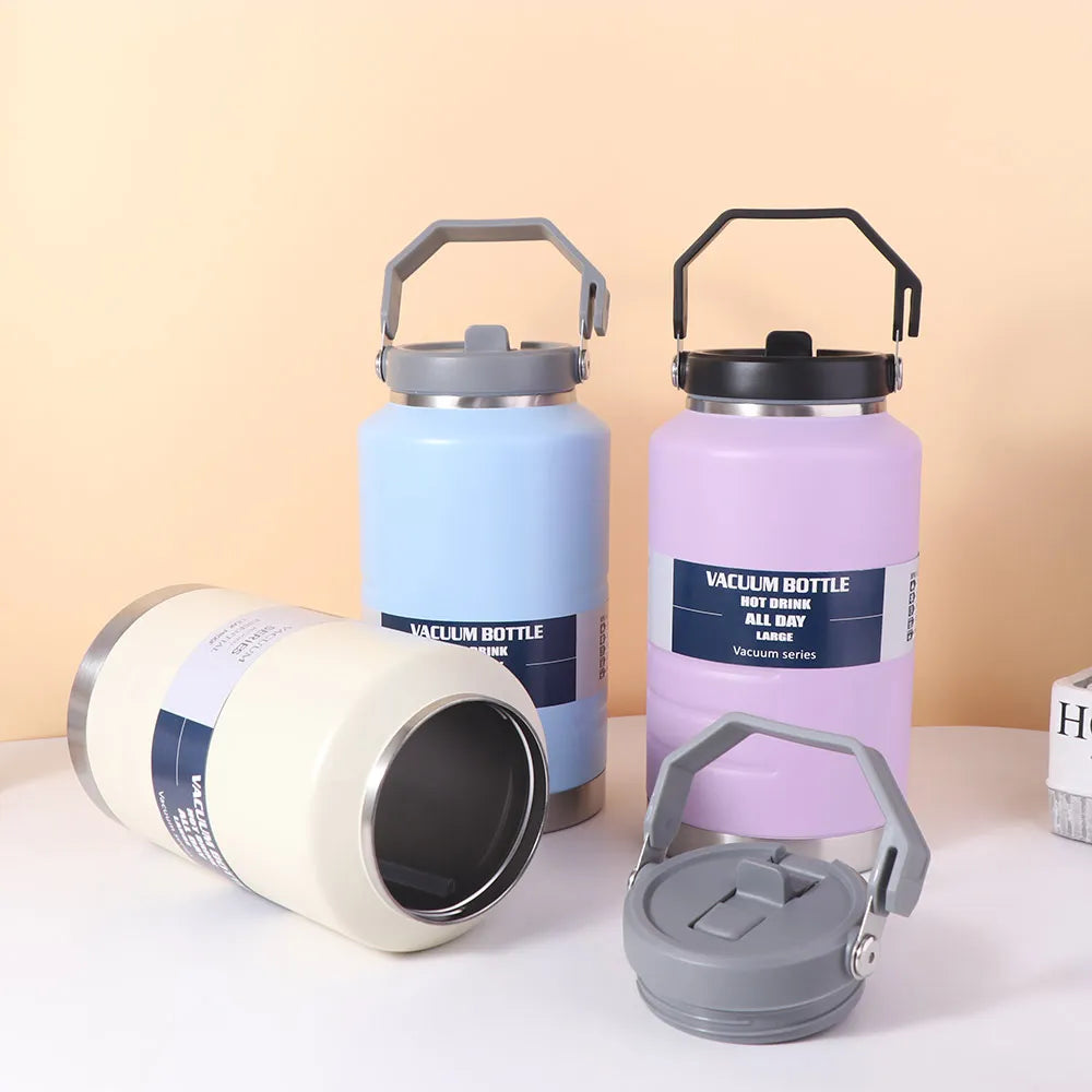 Reusable 2L Thermal Water Bottle Large Capacity Portable Coffee Travel Mug with Handle Leak-proof Drinks Bottle Outdoor