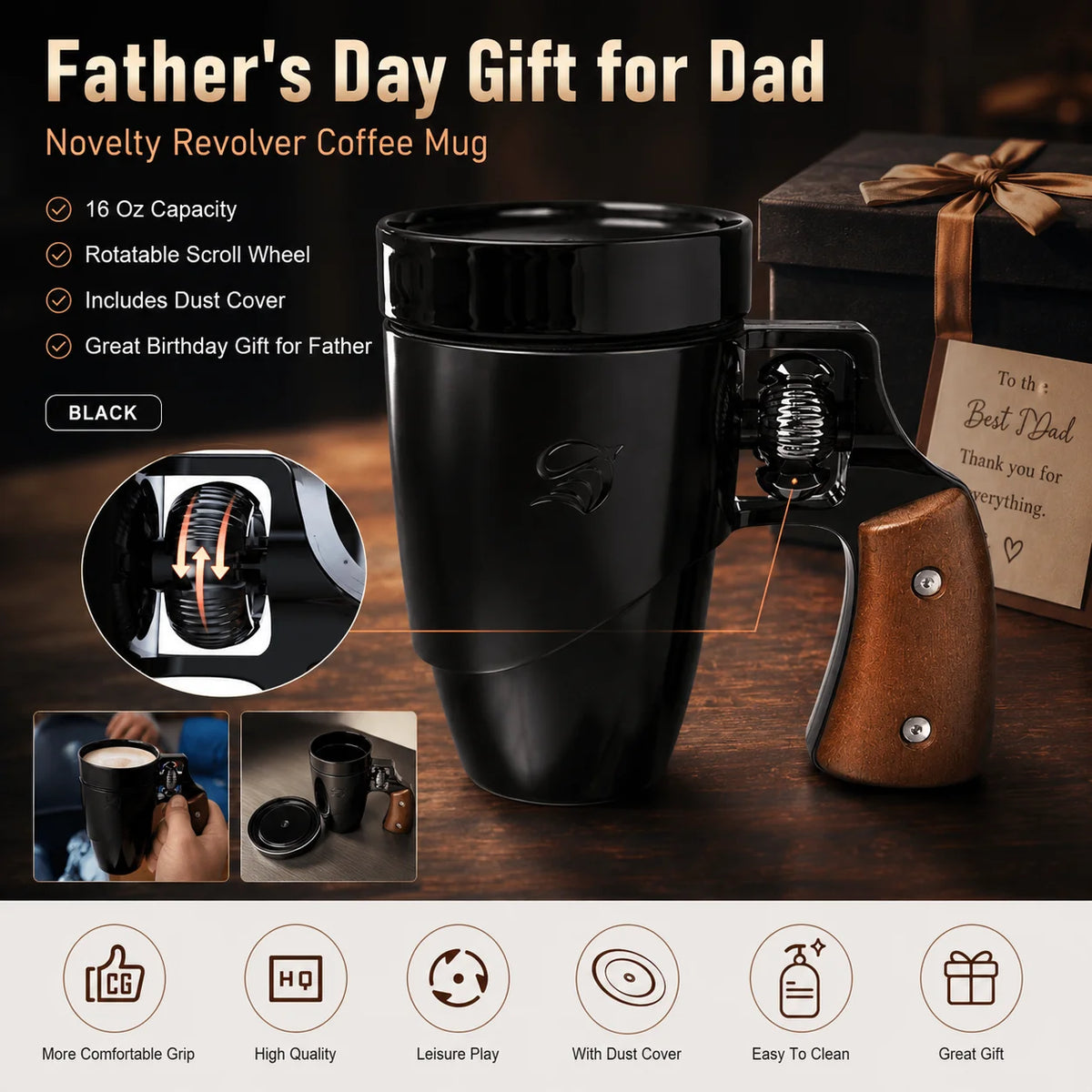 16 oz Black Revolver-Style Coffee Mug, Novelty Dad Gift for Father’s Day, Birthday Gift for Men and Father