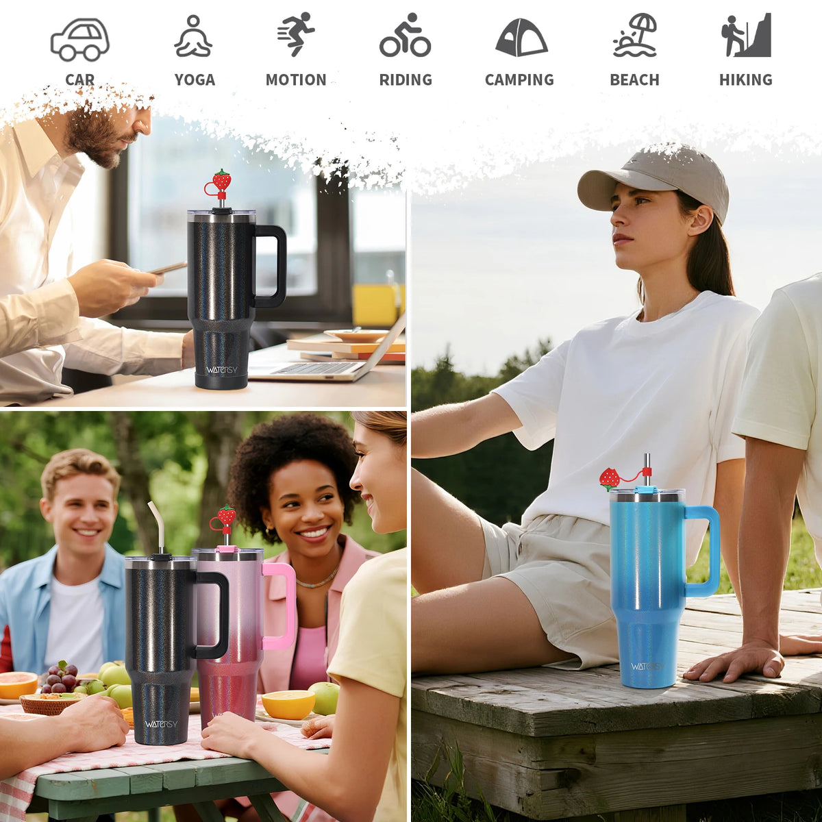 WATERSY 30oz/40oz Stainless Steel Thermal Cup Large Capacity Tumbler with Handle & Straw Insulated Mug Travel for Coffee